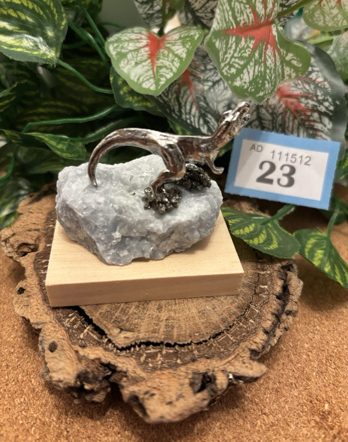 Metal Tyrannosaurus Rex on Calcite – Unique gift for display