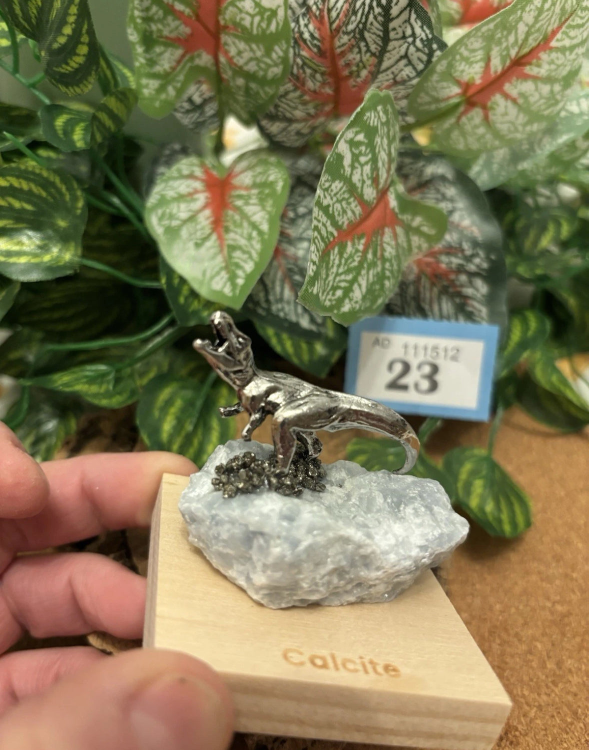 Metal Tyrannosaurus Rex on Calcite – Unique gift for display