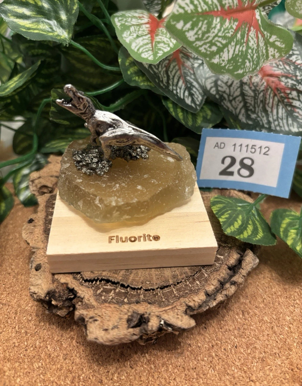 Metal Tyrannosaurus Rex on Mineral Fluorite - Unique gift for display