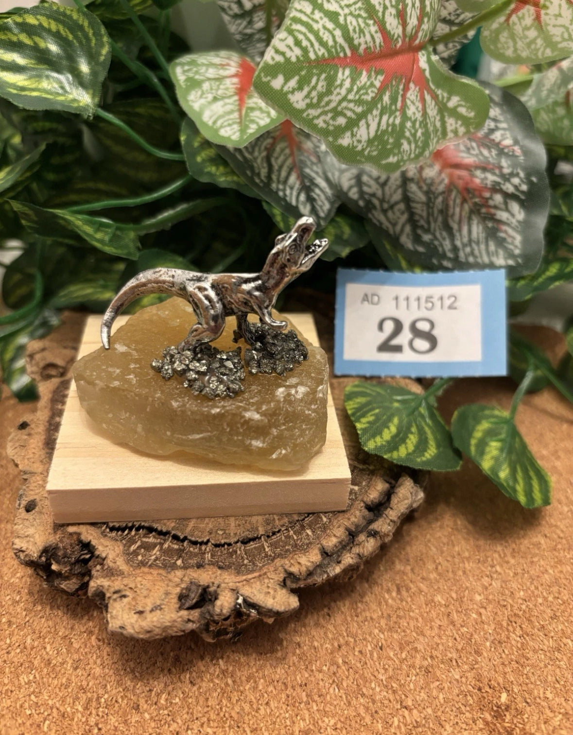 Metal Tyrannosaurus Rex on Mineral Fluorite - Unique gift for display