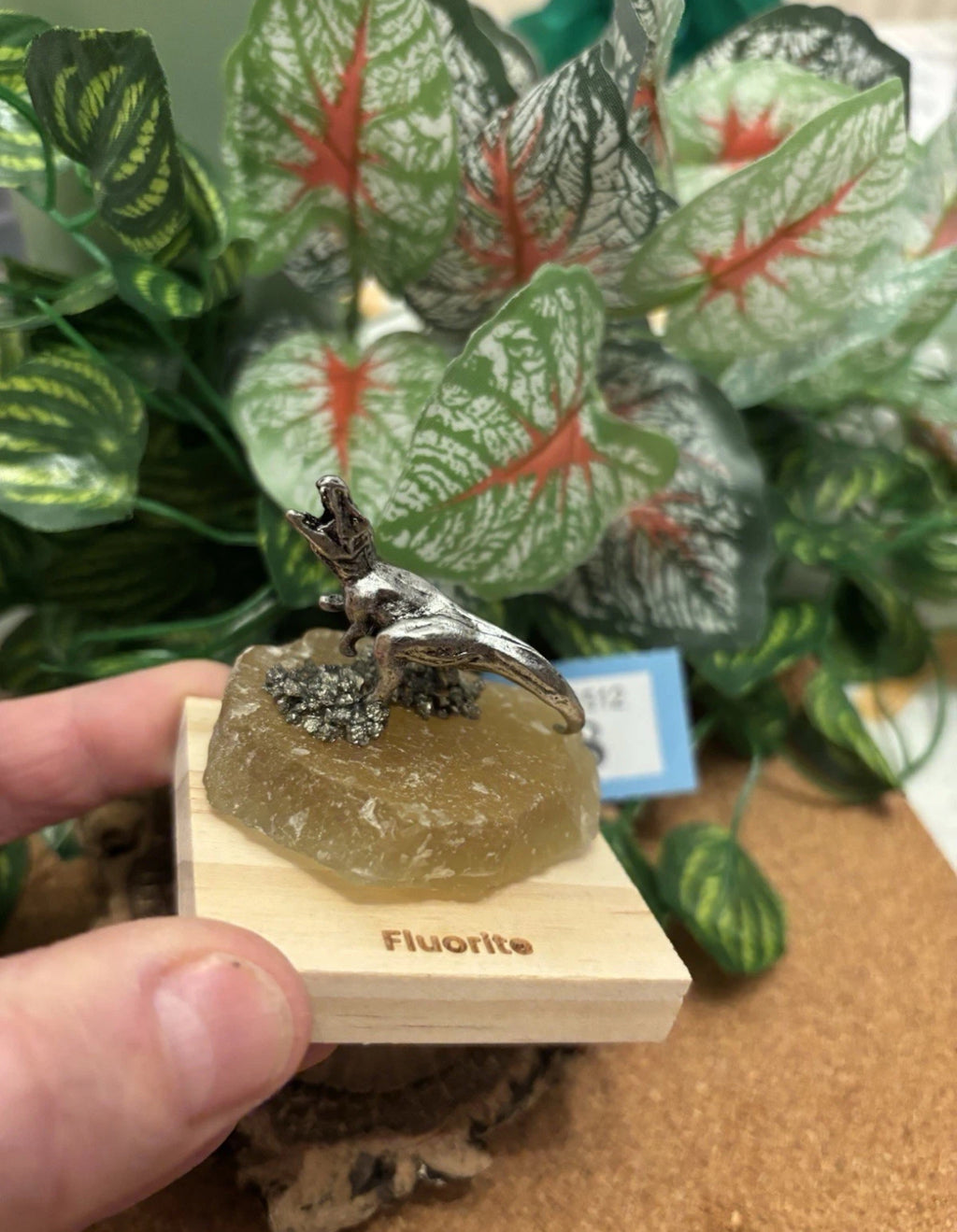Metal Tyrannosaurus Rex on Mineral Fluorite - Unique gift for display