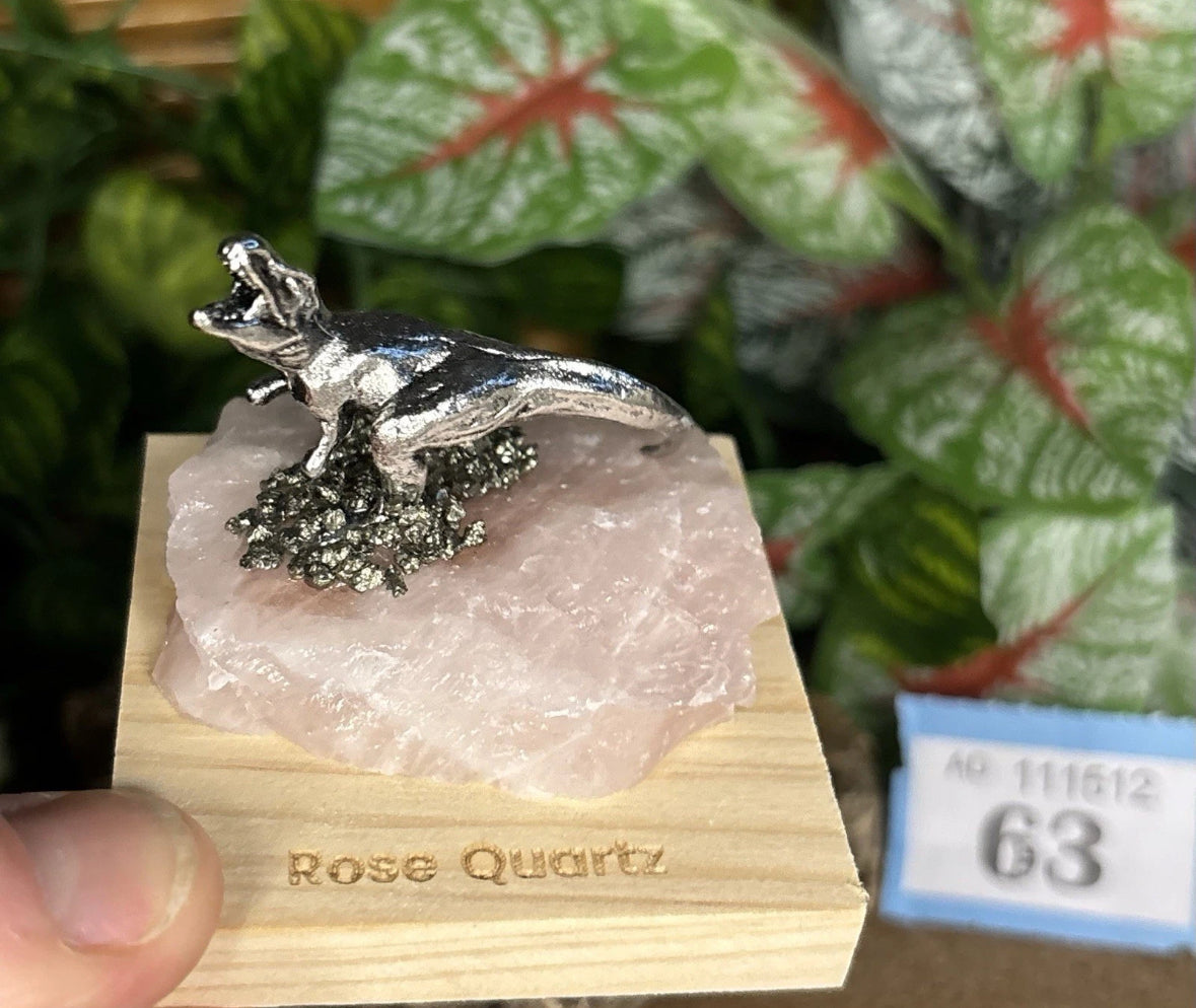 Metal Tyrannosaurus Rex on Rose Quartz – Unique gift for display
