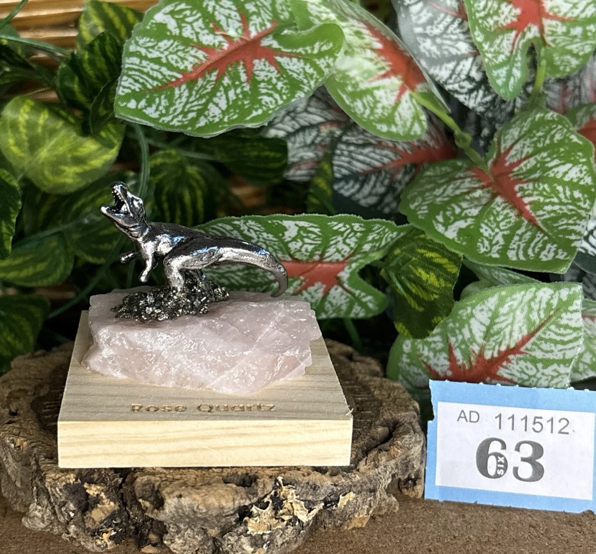 Metal Tyrannosaurus Rex on Rose Quartz – Unique gift for display