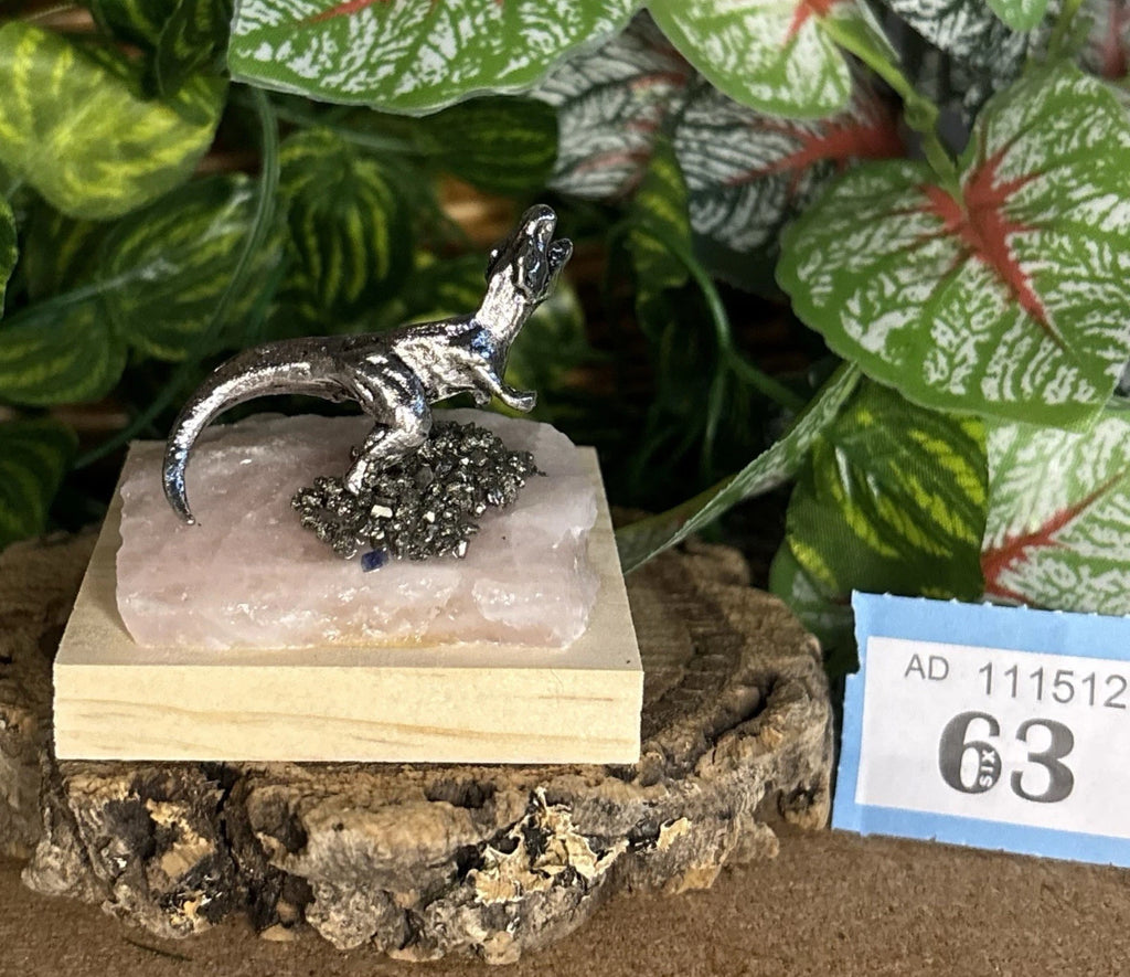 Metal Tyrannosaurus Rex on Rose Quartz – Unique gift for display