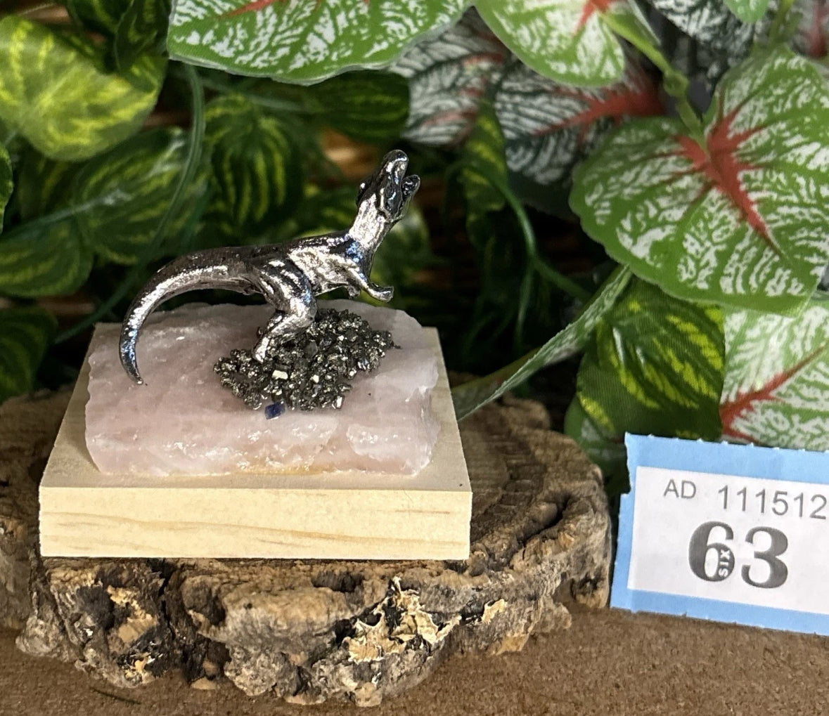 Metal Tyrannosaurus Rex on Rose Quartz – Unique gift for display